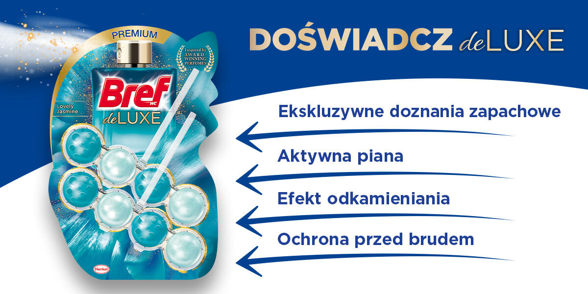 Kostka do WC BREF Deluxe Czarujący Jaśmin Reklama zawieszki Bref WC de Luxe Lovely Jasmine (Premium). Napis: DOŚWIADCZ de LUXE. Lista czterech korzyści (4-funkcyjna formuła): Ekskluzywne doznania zapachowe, Aktywna piana, Efekt odkamieniania, Ochrona przed brudem
