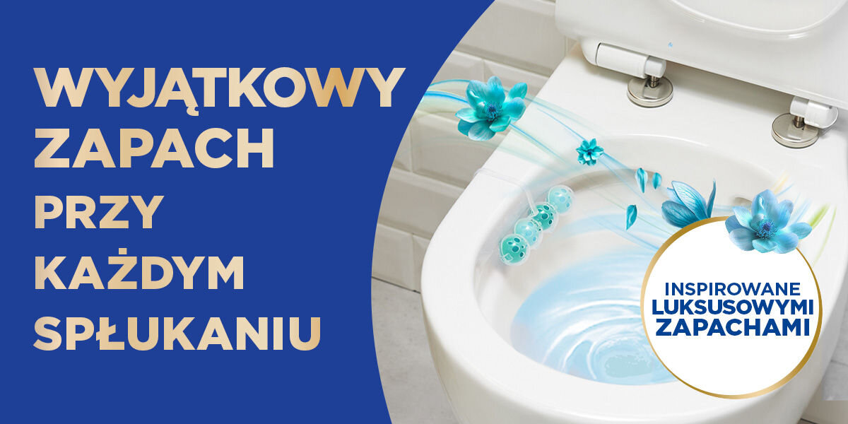 Kostka do WC BREF Deluxe Czarujący Jaśmin Zdjęcie prezentujące działanie zawieszki Bref de Luxe w muszli toaletowej. Woda i kwiatowe elementy przepływają z zawieszki, symbolizując WYJĄTKOWY ZAPACH PRZY KAŻDYM SPŁUKANIU, inspirowany luksusowymi zapachami