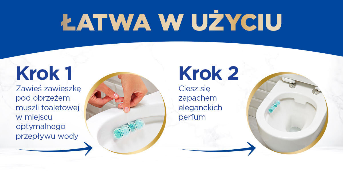 Kostka do WC BREF Deluxe Czarujący Jaśmin Instrukcja użycia zawieszki Bref de Luxe. Tytuł: ŁATWA W UŻYCIU. Krok 1: Kobieta wiesza turkusową zawieszkę Bref Lovely Jasmine pod obrzeżem muszli toaletowej w miejscu optymalnego przepływu wody. Krok 2: Zdjęcie toalety z zawieszką, zachęcające do cieszenia się zapachem eleganckich perfum