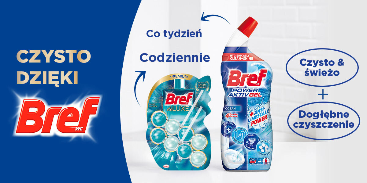 Kostka do WC BREF Deluxe Czarujący Jaśmin Porównanie dwóch produktów Bref WC. Zawieszka Bref de Luxe (Lovely Jasmine) do codziennego/cotygodniowego użytku oraz żel Bref Power Aktiv Gel do Dogłębnego czyszczenia. Napis: CZYSTO DZIĘKI BREF WC. Żel zapewnia Czysto & świeżo + Dogłębne czyszczenie