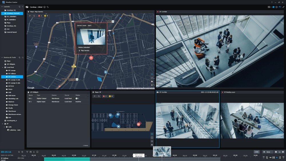 Serwer plików SYNOLOGY RS422+ Interfejs programu do monitoringu podzielony na okna z widokiem mapy miejskiej, planu budynku oraz trzema podglądami na żywo z kamer przemysłowych, monitoring, szyfrowanie