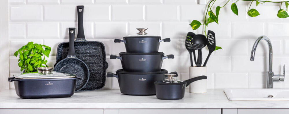 Patelnia ZWIEGER Black Stone Connect 24 cm efektywnośc trwałość odlewane aluminium skuteczne przewodzenie ciepła równomierne rozprowadzanie ciepła optymalne smażenie technologia odlewu typu die-cast wydłużona trwałość do każdej kuchni
