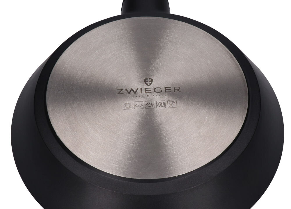 Patelnia ZWIEGER Black Stone Connect 24 cm kompatybilna ze wszystkimi rodzajami kuchenek pełen dysk indukcyjny optymalne wykorzystanie energii oszczędność czasu i energii odczepiana raczka użytkowanie w piekarniku zajmuje mniej miejsca ułatwienie przechowywania