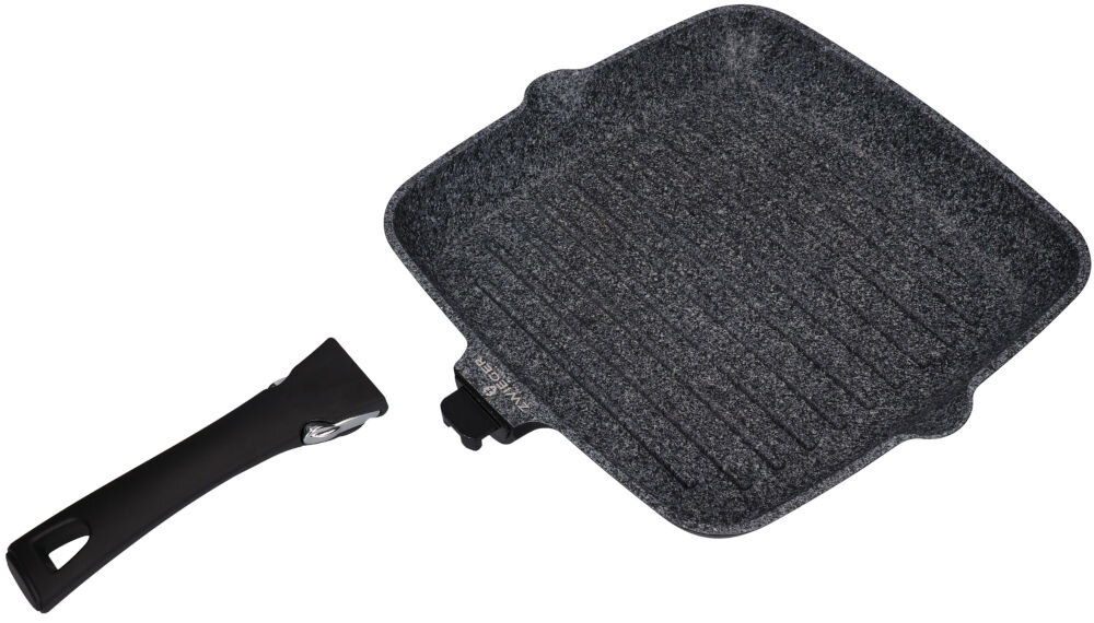 Patelnia grillowa ZWIEGER Black Stone Connect 28 cm funkcjonalnośc komfort dłuższa o 20% rączka poprawa wyważenia naczynia lepsze manipulowanie patelnią gumowa powłoka zwiększony komfort użytkowania przyjemne bezpieczne gotowanie