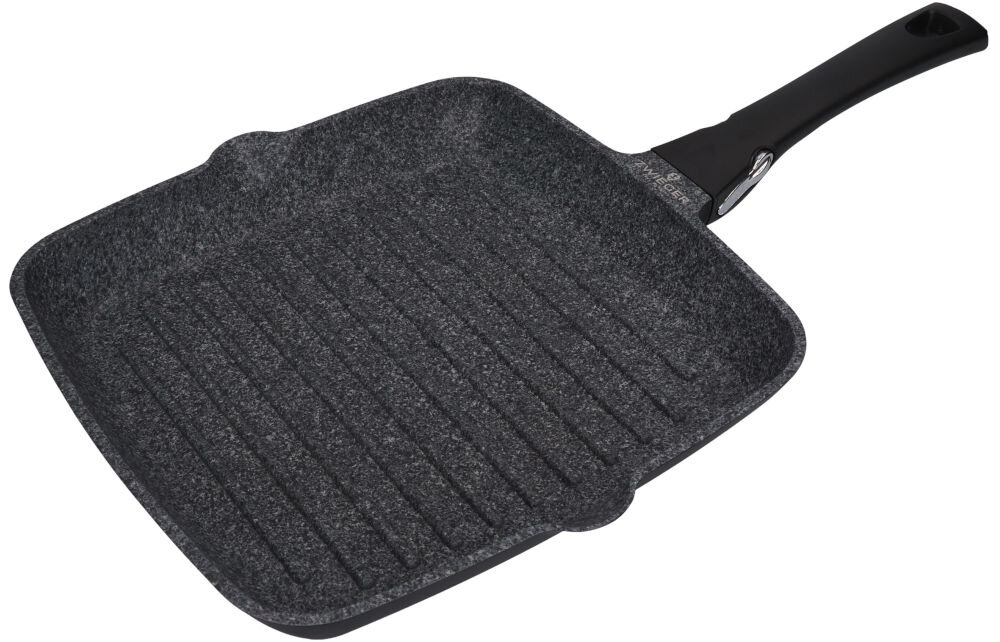 Patelnia grillowa ZWIEGER Black Stone Connect 28 cm zastępuje tradycyjny grill potrawy w stylu grillowym chropowata powierzchnia równomierne przyrządzone potrawy smażenie z minimalną ilością tłuszczu funkcjonalność wszechstronność efektywność