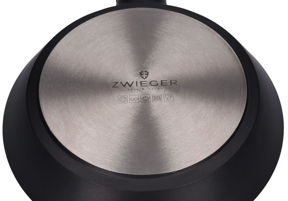 Patelnia ZWIEGER Black Stone Connect 28 cm kompatybilna ze wszystkimi rodzajami kuchenek pełen dysk indukcyjny optymalne wykorzystanie energii oszczędność czasu i energii odczepiana raczka użytkowanie w piekarniku zajmuje mniej miejsca ułatwienie przechowywania