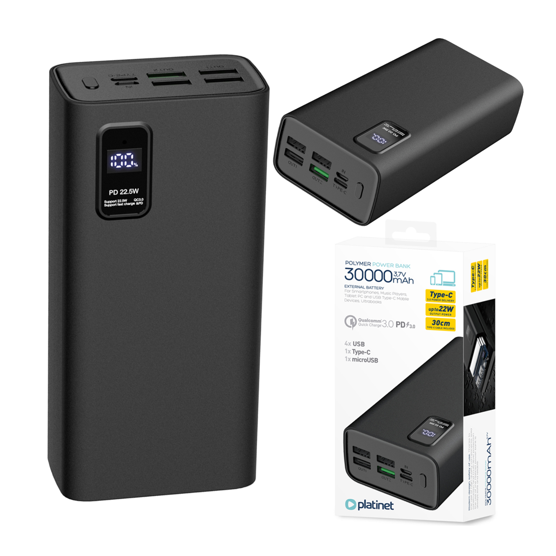 Na obrazie widoczny jest czarny powerbank z wyświetlaczem LED pokazującym poziom naładowania oraz trzy porty USB i jeden port USB-C. Obok znajduje się opakowanie z napisem \'30000mAh 3.7V\' oraz logo \'platinet\'.