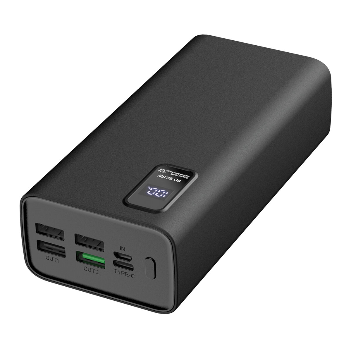 Czarny powerbank z wyświetlaczem LED pokazującym poziom naładowania. Posiada dwa porty USB, jeden port USB-C oraz przycisk zasilania.