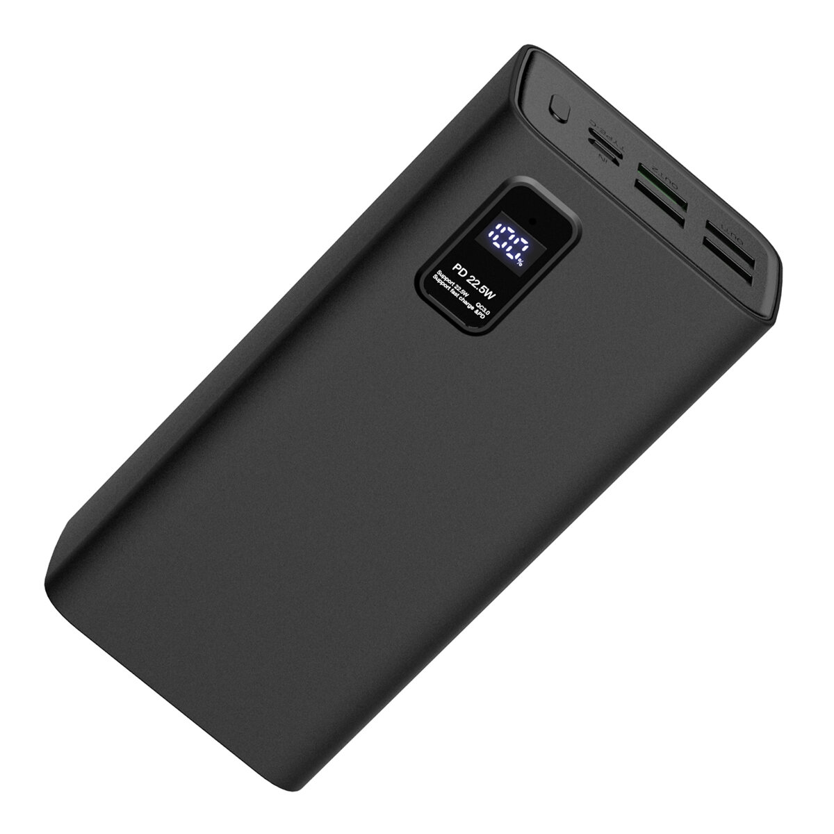 Czarny powerbank z wyświetlaczem LED pokazującym poziom naładowania oraz napisami \'PD 25W\' i \'QC 3.0\'. Posiada kilka portów USB na górnej krawędzi.