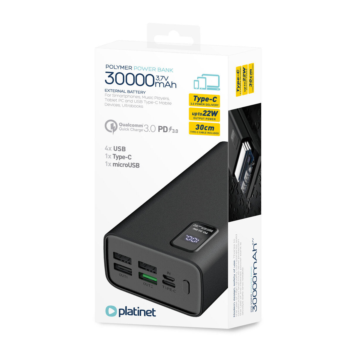 Opakowanie powerbanku Platinet o pojemności 30000mAh z funkcjami PD 3.0 i QC 3.0, w kolorze czarnym. Widoczne są porty: 4x USB, 1x Type-C, 1x microUSB oraz logo platinet.