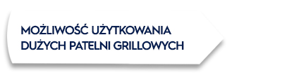 Grafika przedstawia biały napis na ciemnym tle: \'MOŻLIWOŚĆ UŻYTKOWANIA DUŻYCH PATELNI GRILLOWYCH\'.