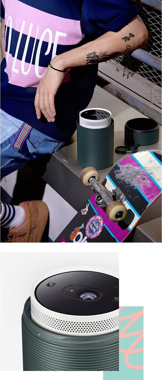 The Freestyle w otwartym etui stoi obok deskorolki. VG-SCLA00G/XC