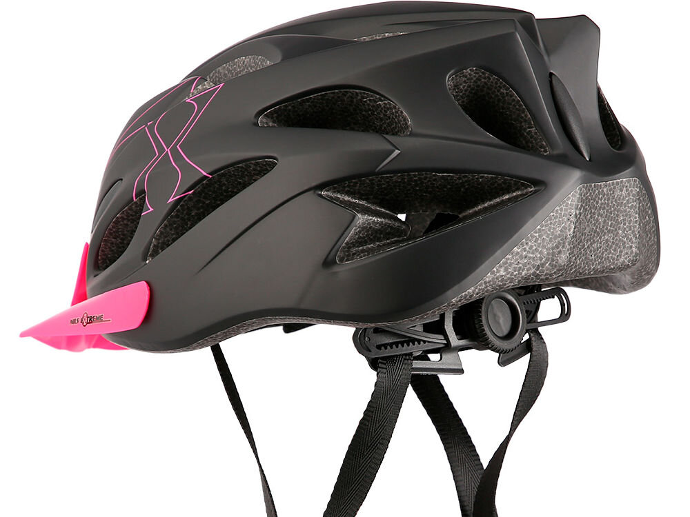 Kask rowerowy NILS EXTREME MTW291 Czarno-różowy MTB (rozmiar S) regulacja pokrętło pasek