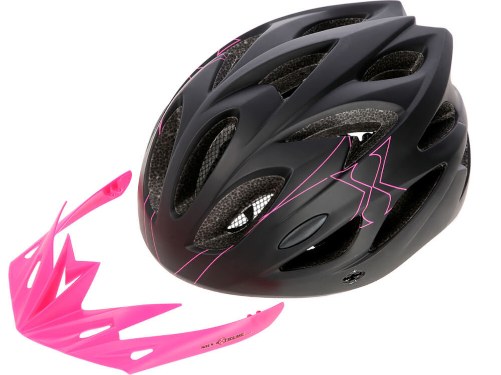 Kask rowerowy NILS EXTREME MTW291 Czarno-różowy MTB (rozmiar S) regulacja pokrętło pasek