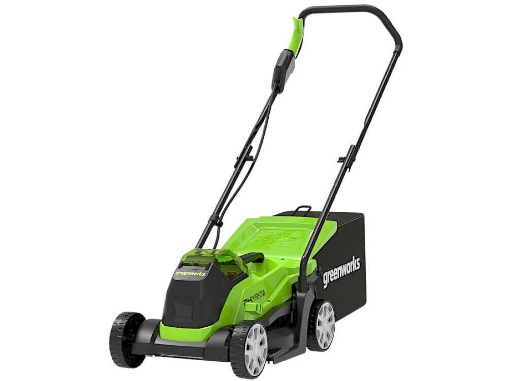 Kosiarka akumulatorowa GREENWORKS GD24LM33K4 silnik bezszczotkowy duza moc przycisk obsluga prosta bezproblemowa ochrona silnika przed uszkodzeniami mechanicznymi obudowa z wysokiej jakosci tworzywa