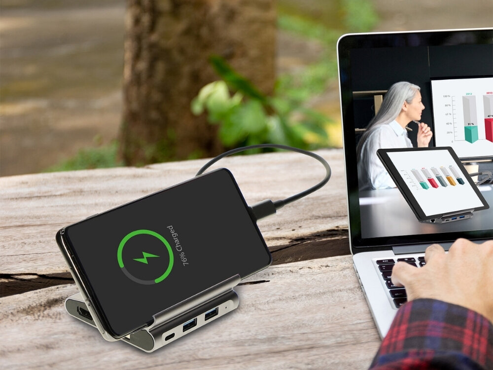 Hub 4SMARTS 456337 7w1
                hub na stole z telefonem rozbudować możliwości monitor sieć przewodowa pamięć USB karty SD