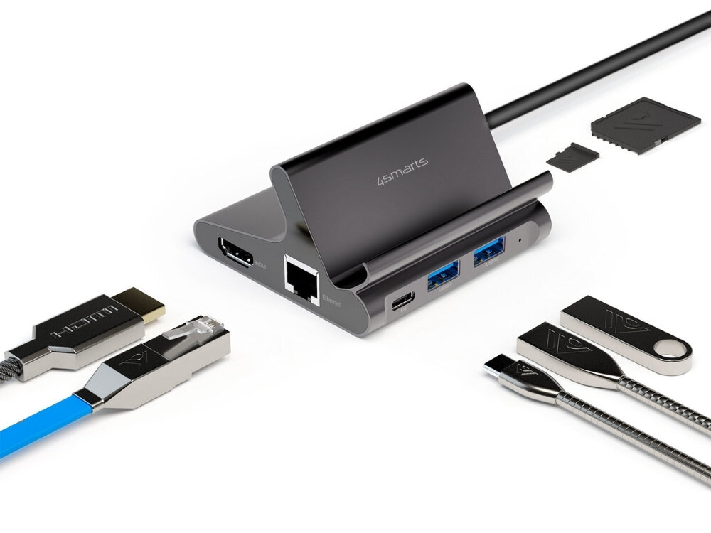 Hub 4SMARTS 456337 7w1
                hub na białym tle z różnymi złączami hdmi 4k ethernet 1g usb-a karty sd microsd usb-c power delivery 100w samsung dex