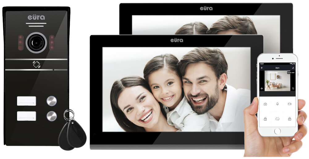 Zestaw wideodomofonowy EURA VDP-82C5 Czarny glosnomowiacy monitor EURA VDA-40A3 wbudowany modul Wi-Fi aplikacja mobilna TUYA odbieranie polaczen sterowanie ryglem elektromagnetycznym i automatem bramowym na Andrioid i iOS