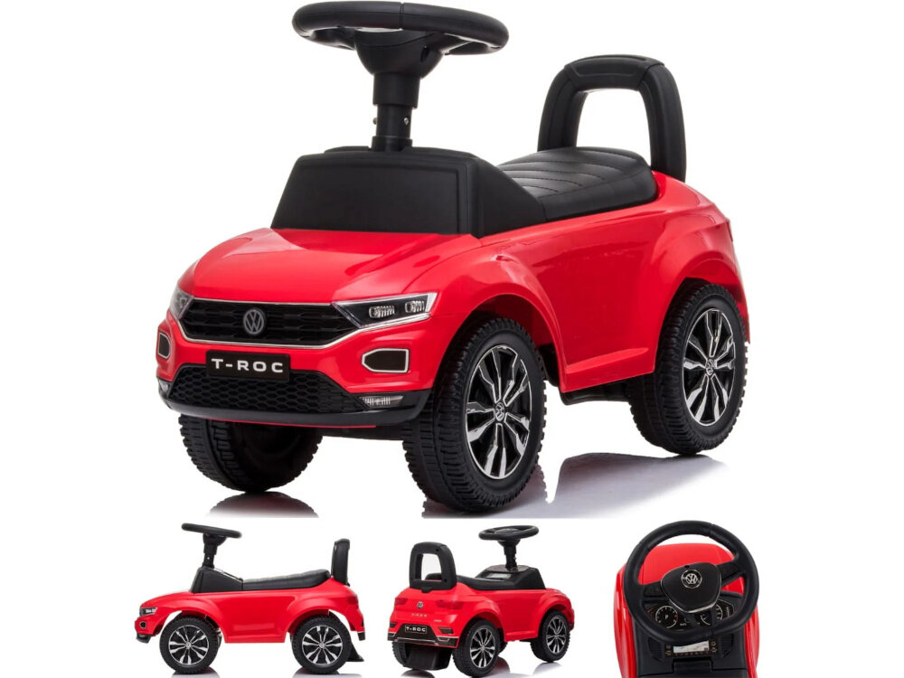 Jeździk SUN BABY Volkswagen T-Roc Czerwony jeździk na białym tle widoczny od przodu pod skosem z boku od tyłu zbliżenie na kierownicę aktywność zabawa wsparcie w rozwoju