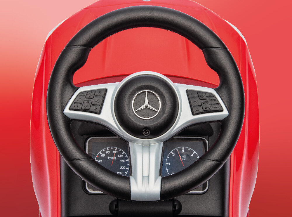 Jeździk SUN BABY Mercedes C-Class J05.039.1.1 Czerwony kierownica przyciski dzwiekowe wspiera rozwoj sensoryczny ciekawosc pozawcza zasilanie 2 baterie AA