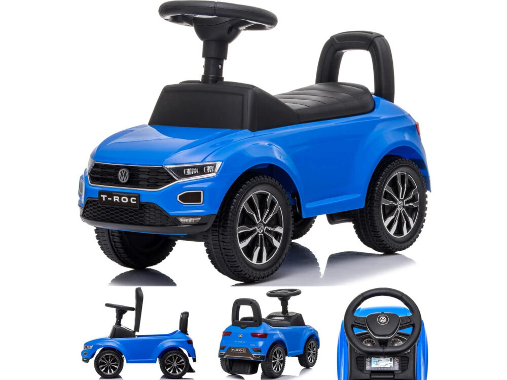 Jeździk SUN BABY Volkswagen T-Roc Niebieski jeździk na białym tle widoczny od przodu pod skosem z boku od tyłu zbliżenie na kierownicę aktywność zabawa wsparcie w rozwoju