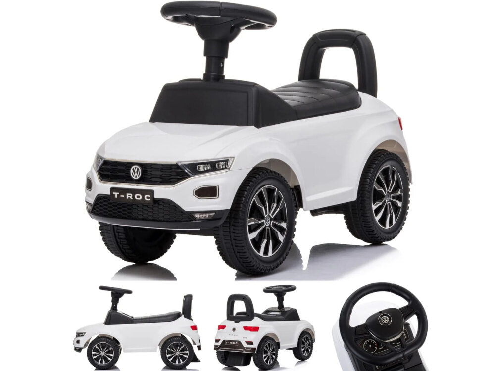 Jeździk SUN BABY Volkswagen T-Roc Biały jeździk na białym tle widoczny od przodu pod skosem z boku od tyłu zbliżenie na kierownicę aktywność zabawa wsparcie w rozwoju