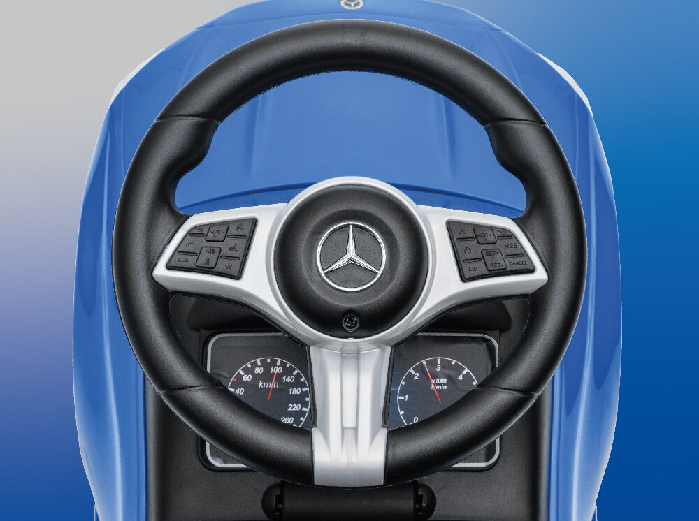 Jeździk SUN BABY Mercedes C-Class J05.039.1.2 Niebieski kierownica przyciski dzwiekowe wspiera rozwoj sensoryczny ciekawosc pozawcza zasilanie 2 baterie AA