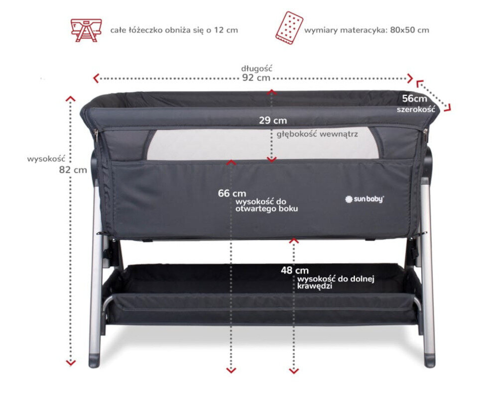 lozeczko SUN BABY B02.007.1.1 Grafitowy regulacja wysokosci wymiary