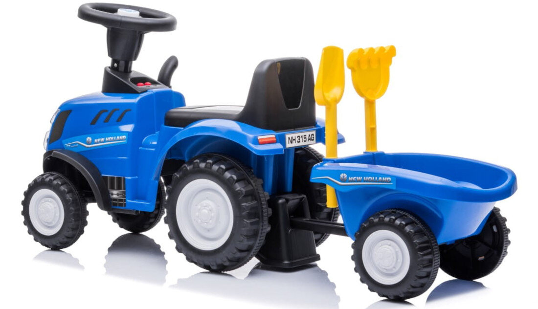 Jeździk SUN BABY Traktor z przyczepą New Holland Niebieski obciążenie waga wykonanie sketne koła przednie manewrowanie kontrola umiejętności motoryczne
