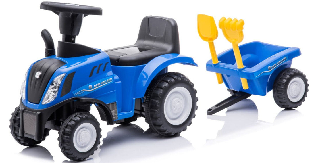 Jeździk SUN BABY Traktor z przyczepą New Holland Niebieski zestaw dodatków łopatka grabki rozwój zainteresowania