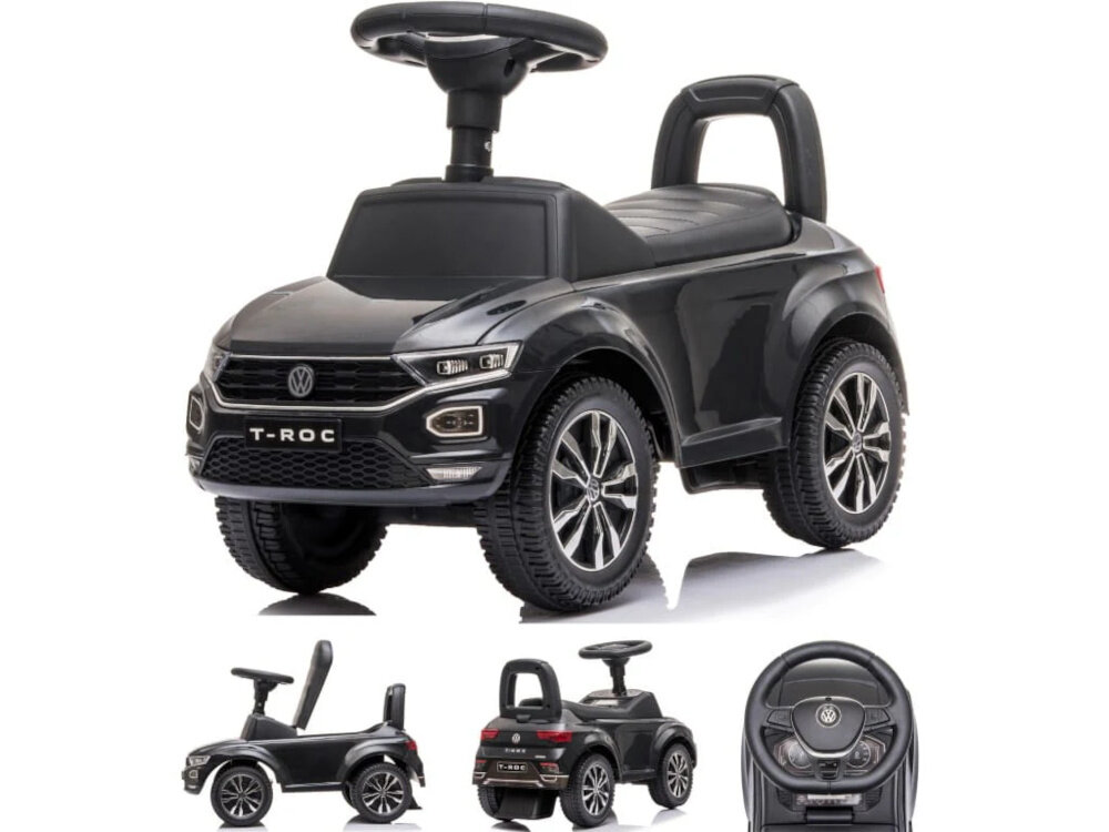 Jeździk SUN BABY Volkswagen T-Roc Czarny jeździk na białym tle widoczny od przodu pod skosem z boku od tyłu zbliżenie na kierownicę aktywność zabawa wsparcie w rozwoju