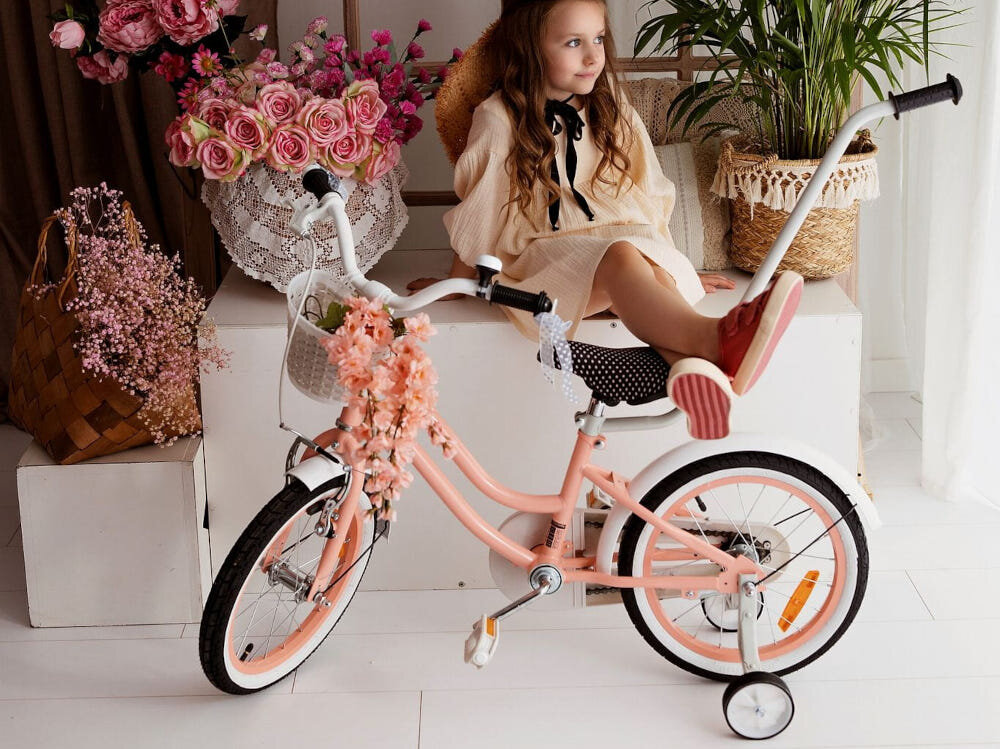 Rower dziecięcy SUN BABY Heart Bike 14 cali dla dziewczynki Morelowy w pięknym morelowym kolorze dla dziewczynek w wieku od 3 do 5 lat szlifowanie umiejętności jazdy na rowerze doskonała zabawa aktywność na świeżym powietrzu stabilny