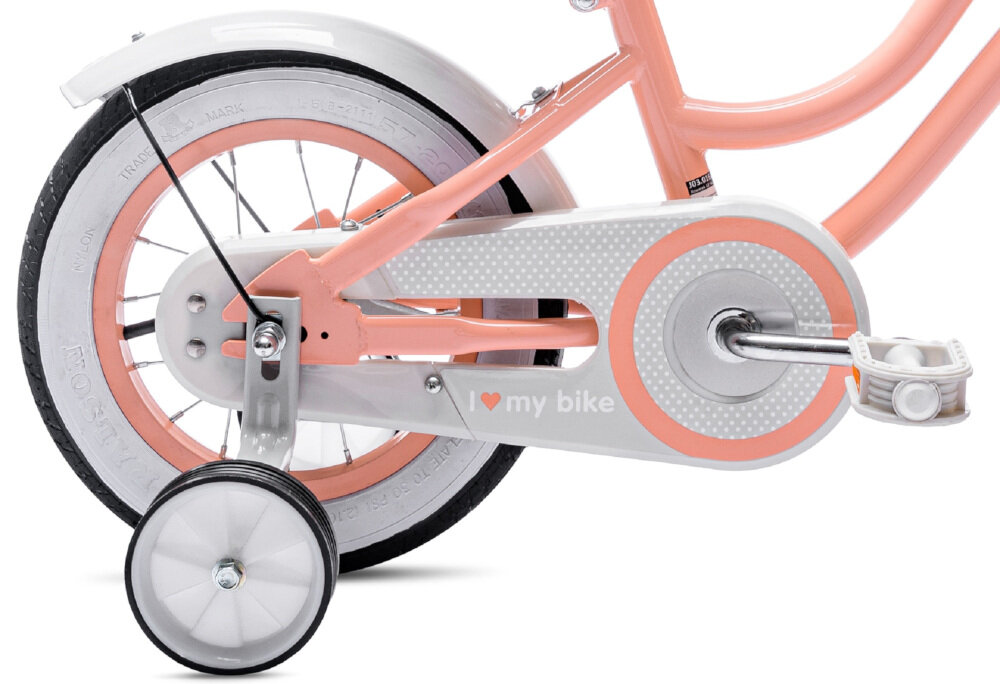 Rower dziecięcy SUN BABY Heart Bike 14 cali dla dziewczynki Morelowy koła 14-calowe aluminiowe obręcze boczne kółka asekurują dziecko w początkowej fazie nauki łańcuch bezpiecznie ukryty po stylową osłoną błotniki w białym kolorze regularne sprawdzanie ciśnienia powietrza wartość na bocznej części opony