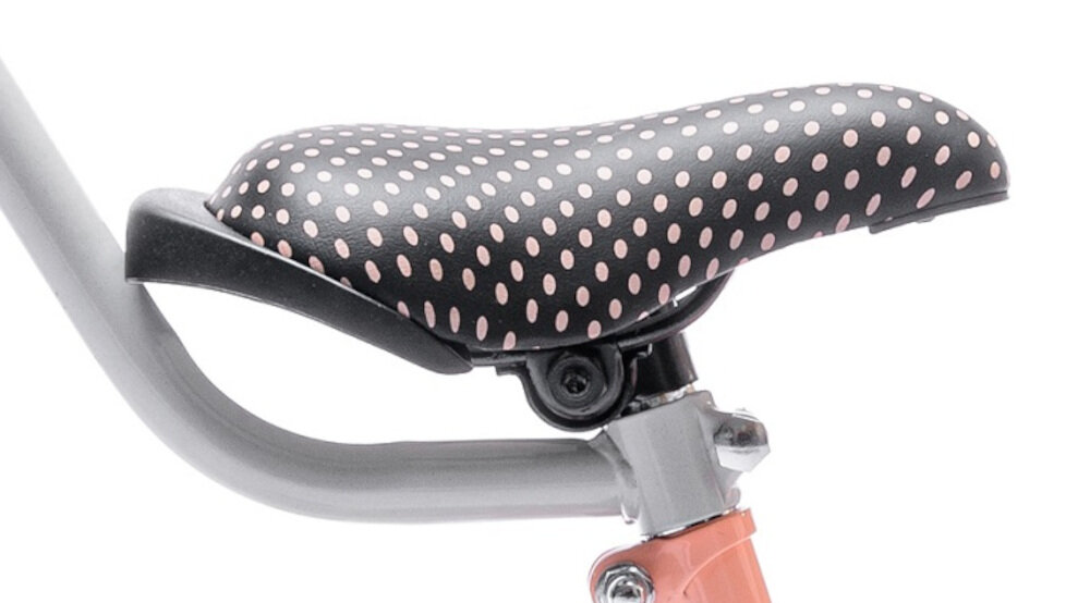 Rower dziecięcy SUN BABY Heart Bike 14 cali dla dziewczynki Morelowy bezpieczna i satysfakcjonująca aktywność wygodne siodełko pokryte pięknym mocnym czarnym materiałem w morelowe kropki możliwość reakcji w zakresie od 50 do 58 cm