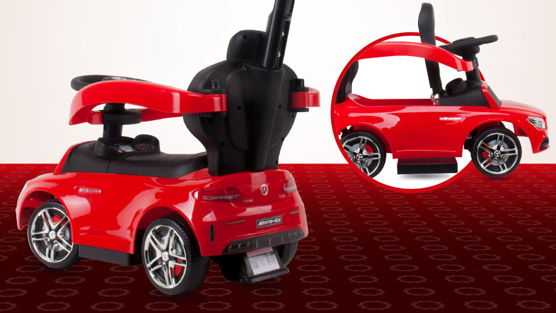 Jeździk SUN BABY Mercedes Coupe AMG C36 Czerwony Wysuwane podnóżki dopasowanie odpoczynek jazda potrzeby Pałąk bezpieczeństwa