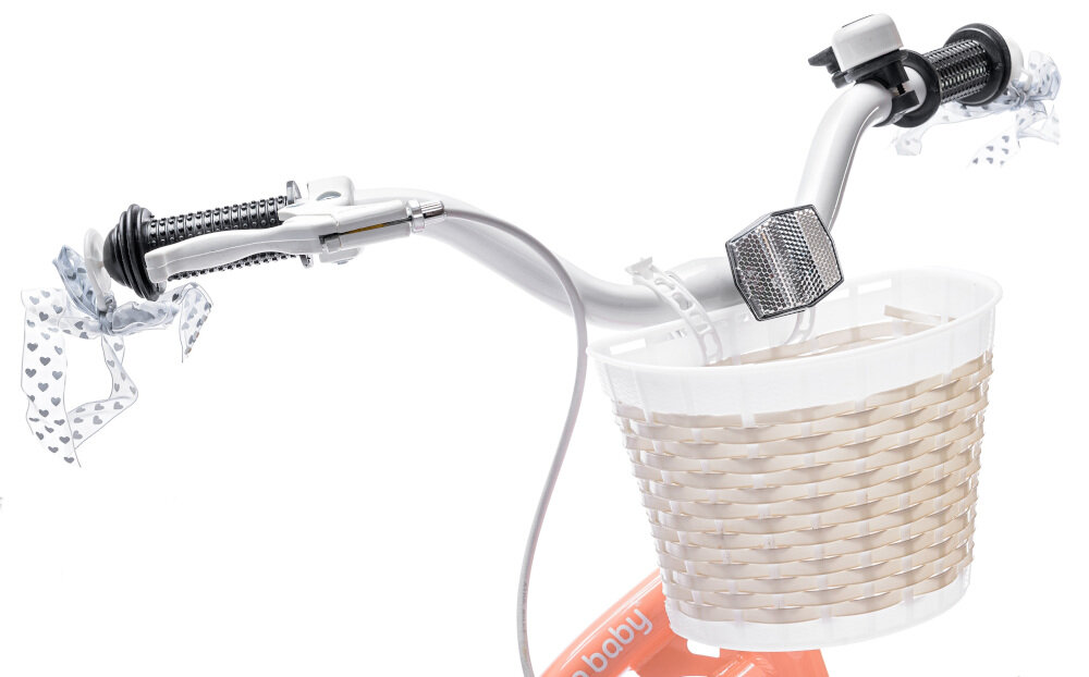 Rower dziecięcy SUN BABY Heart Bike 16 cali dla dziewczynki Morelowy najwyższy komfort jazdy dziecko nie odczuje dyskomfortu zapewniona odpowiednia pozycja ciała uchwyty pokryte antypoślizgowym materiałem zabezpieczą ręce przed otarciami możliwość regulacji w zakresie 72-80 cm uchwyty zakończone wstążkami dzwonek koszyk na drobiazgi