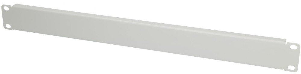 Panel frontowy EXTRALINK 1U Szary panel o podłużnym kształcie z zaokrąglonymi otworami montażowymi na obu końcach, widziany pod kątem na białym tle