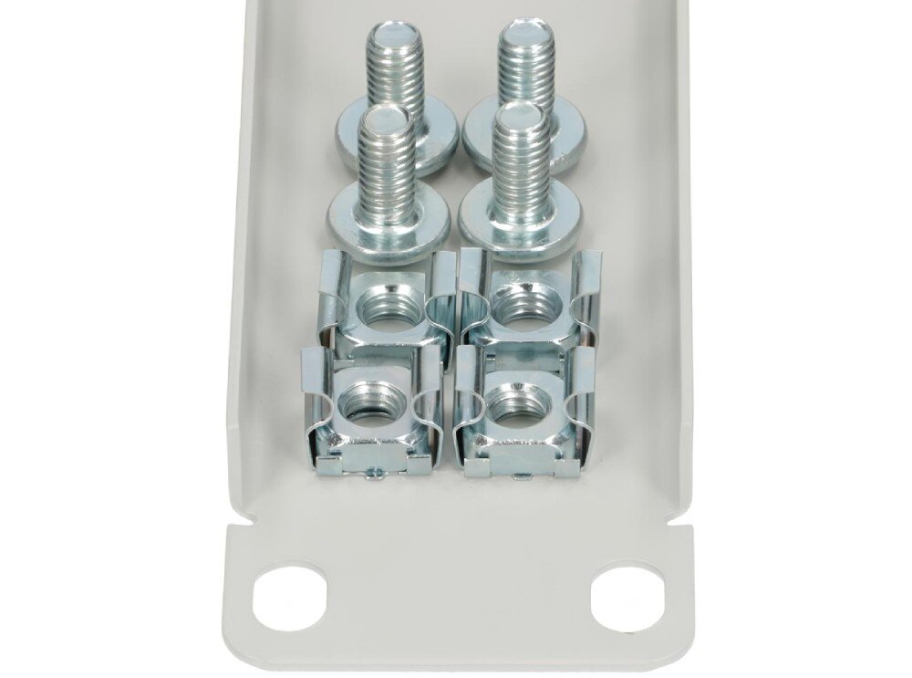 Panel frontowy EXTRALINK 1U Zbliżenie na wewnętrzną stronę szarego panelu, na której ułożone są cztery srebrne śruby oraz cztery metalowe nakrętki koszyczkowe służące do montażu w szafie rack