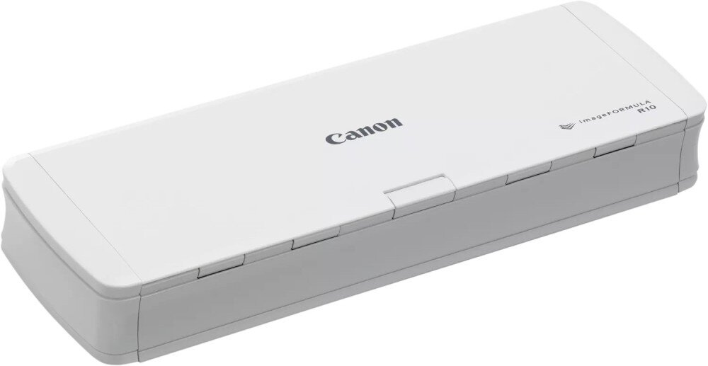 Skaner CANON imageFORMULA R10 Zdjęcie produktowe zamkniętego białego urządzenia o prostokątnym kształcie z zaokrąglonymi krawędziami, pokazane pod kątem na białym tle, integracja z chmurą, kompatybilność