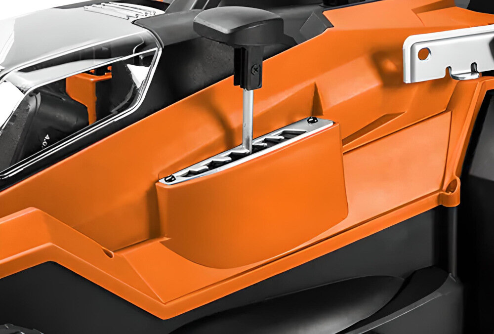 Kosiarka akumulatorowa NEO TOOLS 04-610 koszenie z uwzględnieniem preferowanej wysokości trway w zakresie 25-75 cm mechanizm sprężynowy 6-stopniowa skala