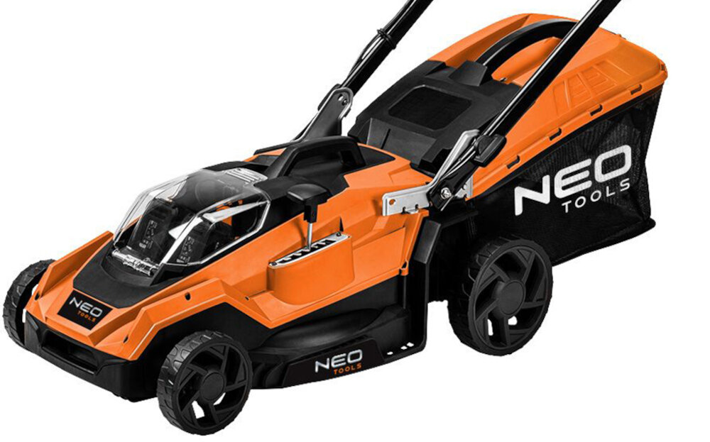 Kosiarka akumulatorowa NEO TOOLS 04-610 kompaktowe solidne urządzenie obudowa kosiarki z wysokiej jakości tworzyw sztucznych rama metalowa odporność na uderzenia działanie warunków atmosferycznych