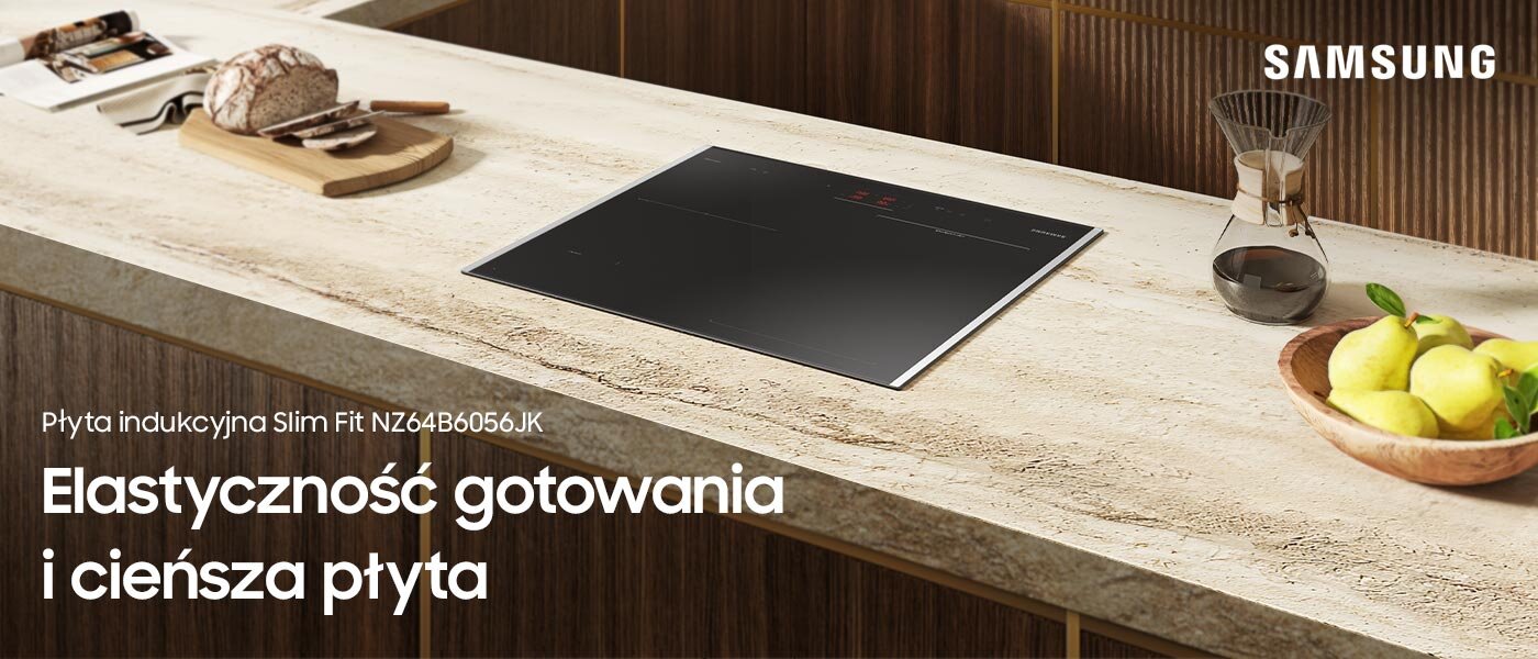 Płyta indukcyjna Samsung Slim Fit NZ64B6056JK dostępna w sieci sklepów Media Expert została zaprezentowana na tle jasnego kuchennego blatu z kamienia