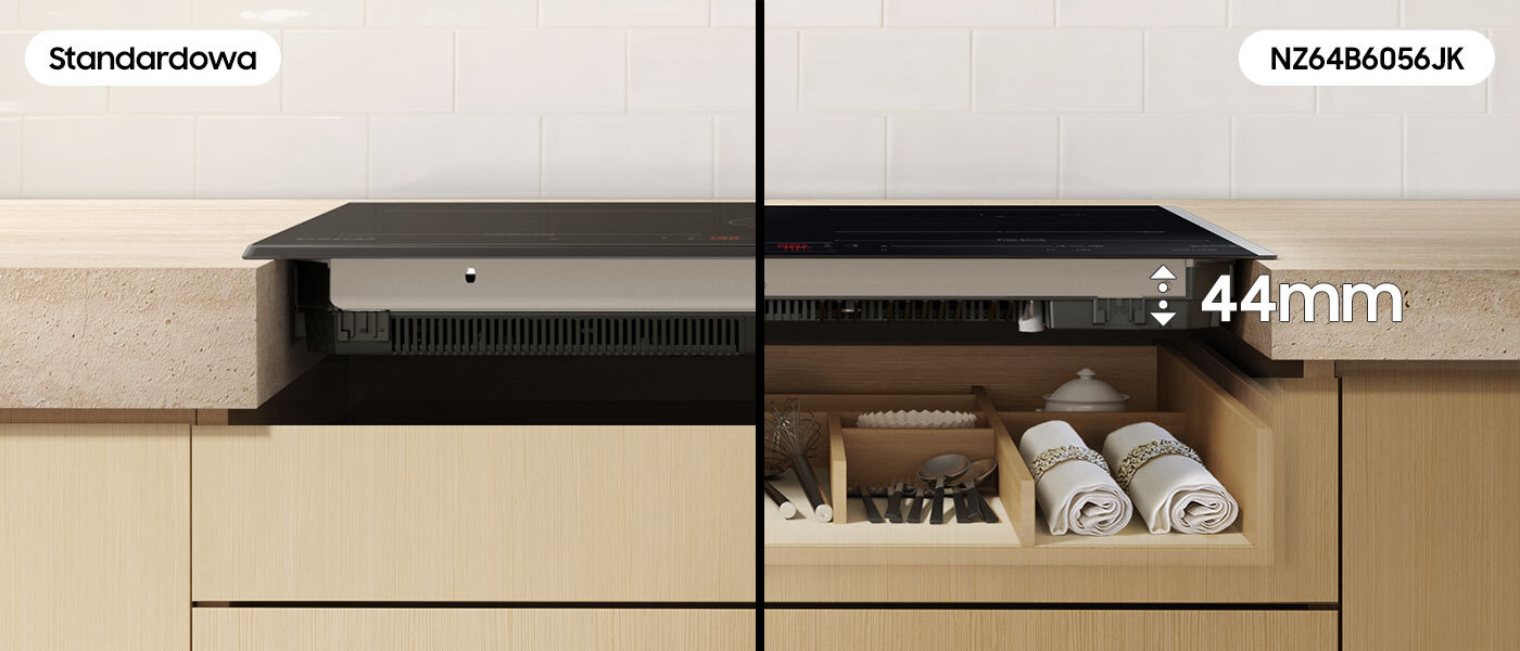 Na zdjęciach zestawiono płytę o standardowej konstrukcji oraz płytę Slim Fit z oferty Media Expert, pokazując możliwość stworzenia dodatkowej szuflady