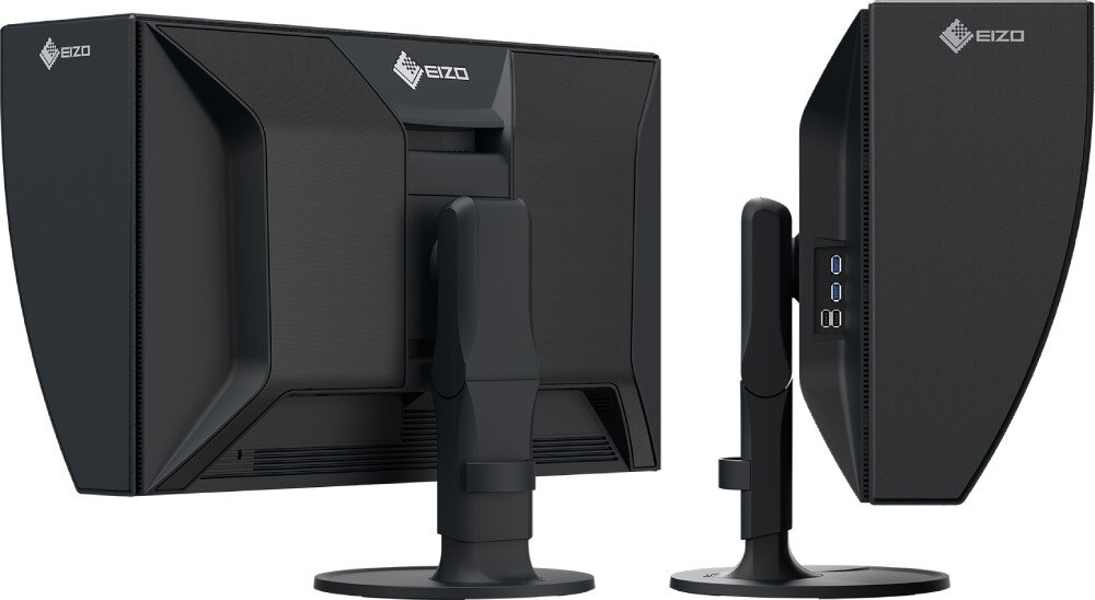Monitor EIZO ColorEdge CG2700S Widok dwóch monitorów ustawionych tyłem i bokiem. Po bokach widać gniazda USB, a monitory wyposażone są w osłony przeciwsłoneczne, matowa powłoka ekranu, podstawa, regulacja