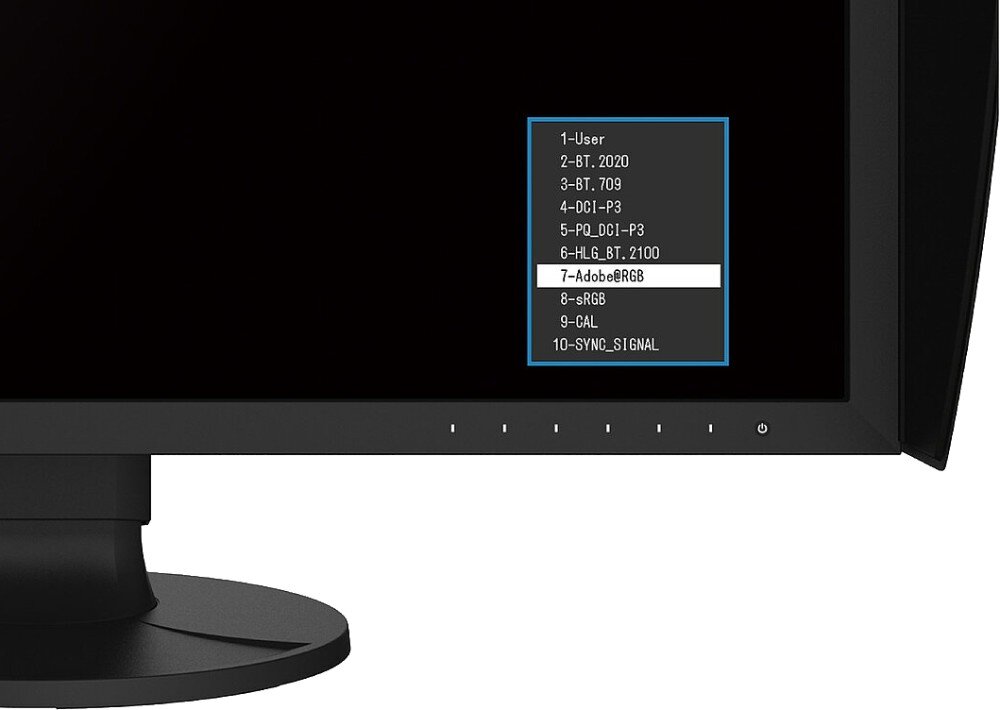 Monitor EIZO ColorEdge CG2700S Dolna część monitora z menu wyboru profilu kolorów na czarnym tle. Zaznaczony jest profil AdobeRGB, poniżej widać inne tryby kolorystyczne, kolory, odwzorowanie barw, ustawienia