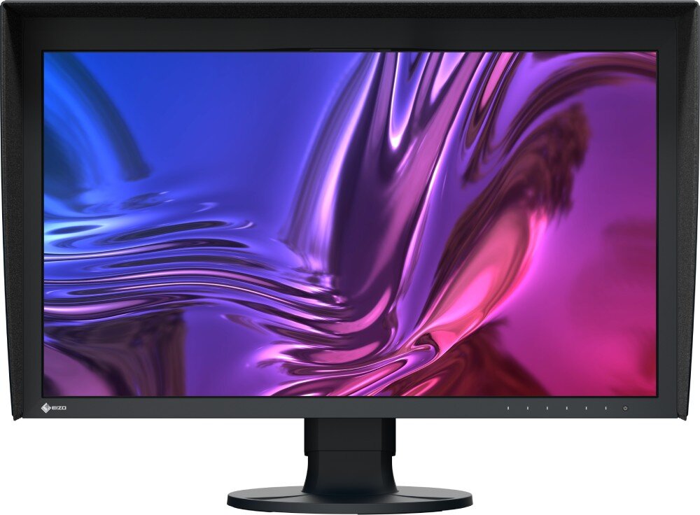 Monitor EIZO ColorEdge CG2700S Monitor z wyświetloną na ekranie abstrakcyjną grafiką w odcieniach fioletu, niebieskiego i różu. Wokół monitora zamontowana jest osłona przeciwsłoneczna, odświeżanie, płynność, funkcje