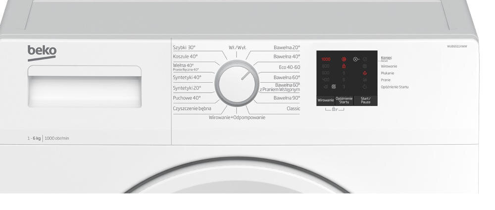 BEKO WUE6511XWW wyświetlacz elektroniczny pokrętło komfortowa obsługa sterowanie program temperatura