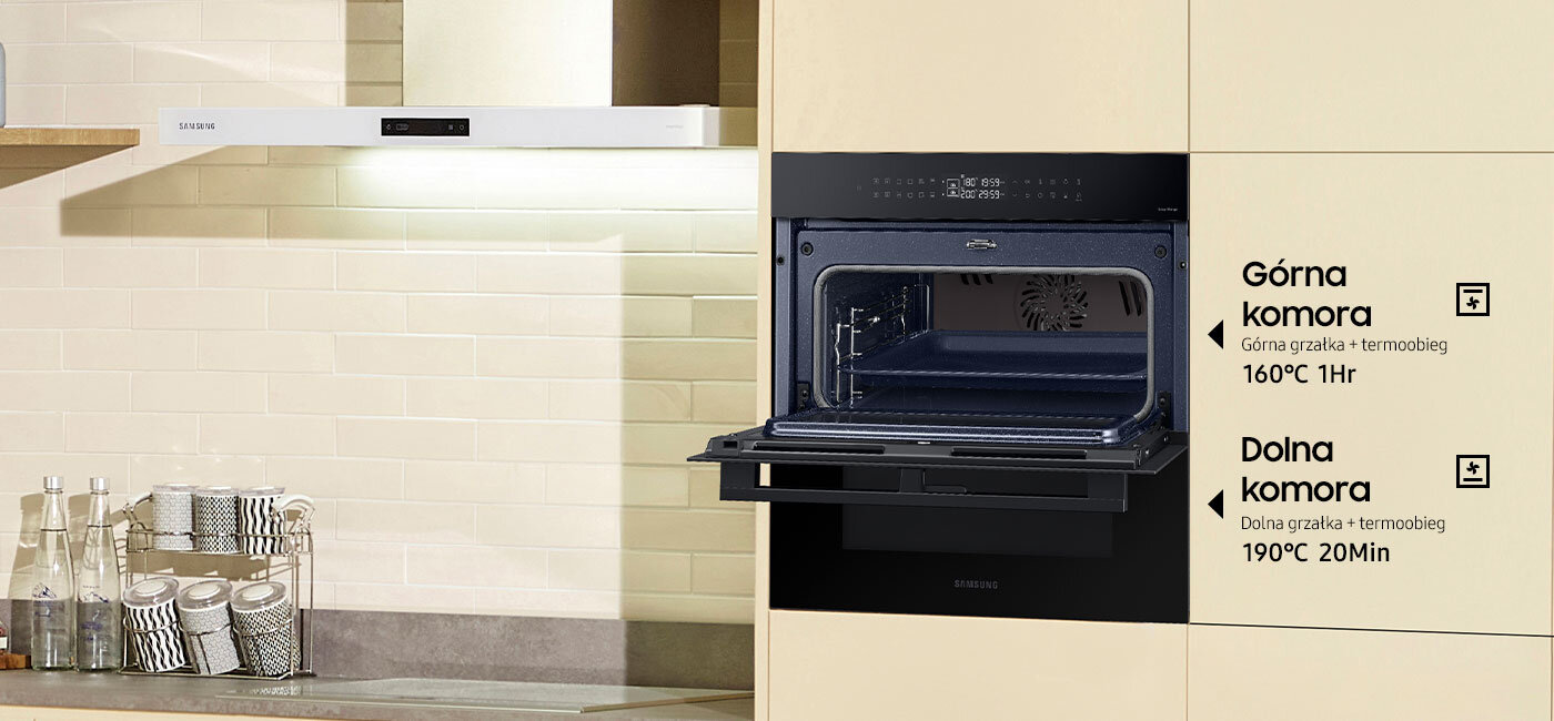 Zdjęcie estetycznie urządzonej kuchni, w której działają dwa urządzenia Samsung. To funkcjonalny okap i piekarnik parowy Natural Steam z rozwiązaniem Dual Cook Flex. Zdjęcie estetycznie urządzonej kuchni, w której działają dwa urządzenia Samsung. To funkcjonalny okap i piekarnik parowy Natural Steam z rozwiązaniem Dual Cook Flex.