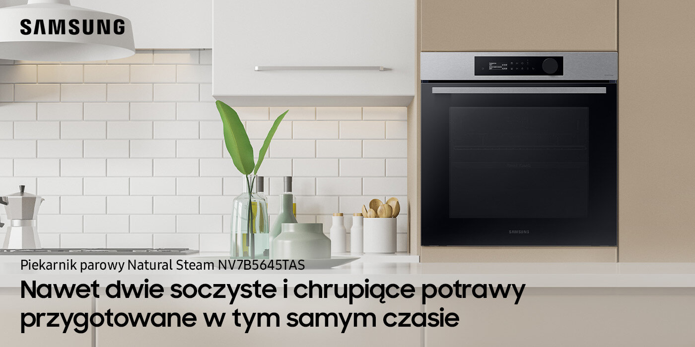 Minimalistyczna kuchnia, do której został wstawiony piekarnik parowy Samsung Natural Steam NV7B5645TAS. Urządzenie dostępne jest w ofercie Media Expert. Minimalistyczna kuchnia, do której został wstawiony piekarnik parowy Samsung Natural Steam NV7B5645TAS. Urządzenie dostępne jest w ofercie Media Expert.