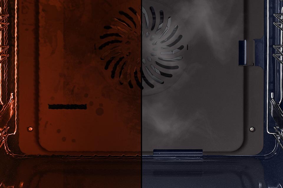 Komora pokazana przed i po czyszczeniu katalitycznym